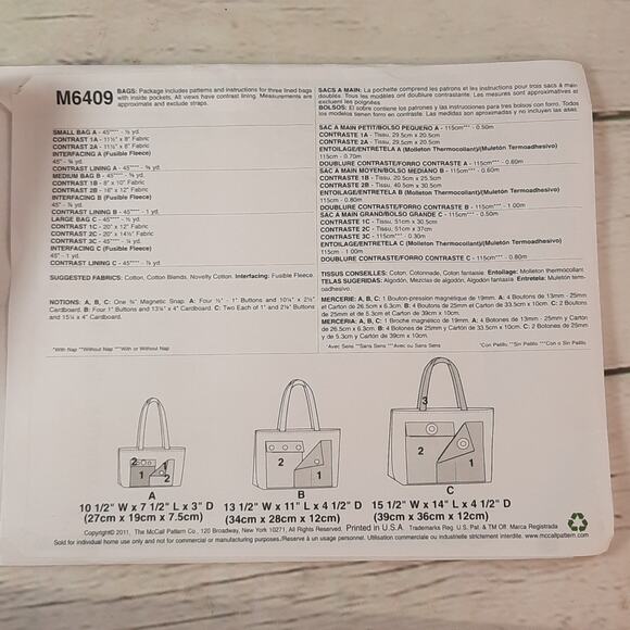 McCall's Fashion Accessories M6409 Lined‎ Bags Sewing Pattern - Picture 5 of 9